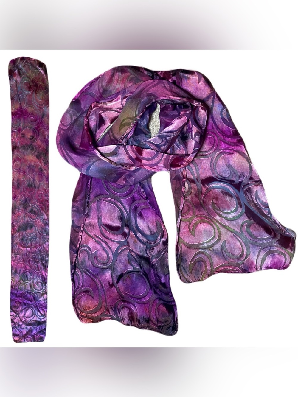 Hand Dyed Silk Scarf with Curl/Swirl Pattern